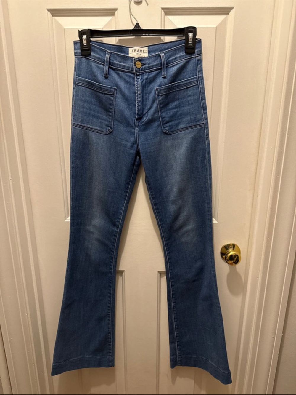 Frame Denim Medium Blue Flare Jeans with Patch Pockets
